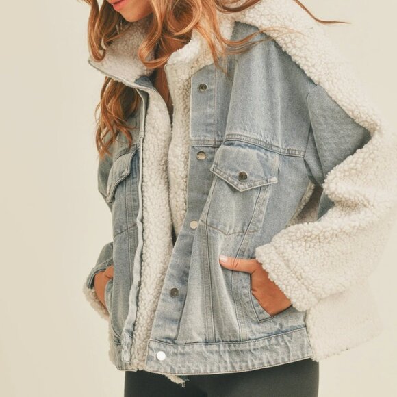 Fleece and Denim Combo Oversized Jacket - New, size Small - Picture 2 of 8